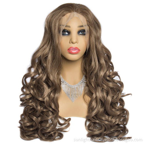180% Long Deep Wave Gold Blonde Ombre Synthetic Lace Front Wigs Free Part High Temperature Fiber 26"Hair Wig For Women